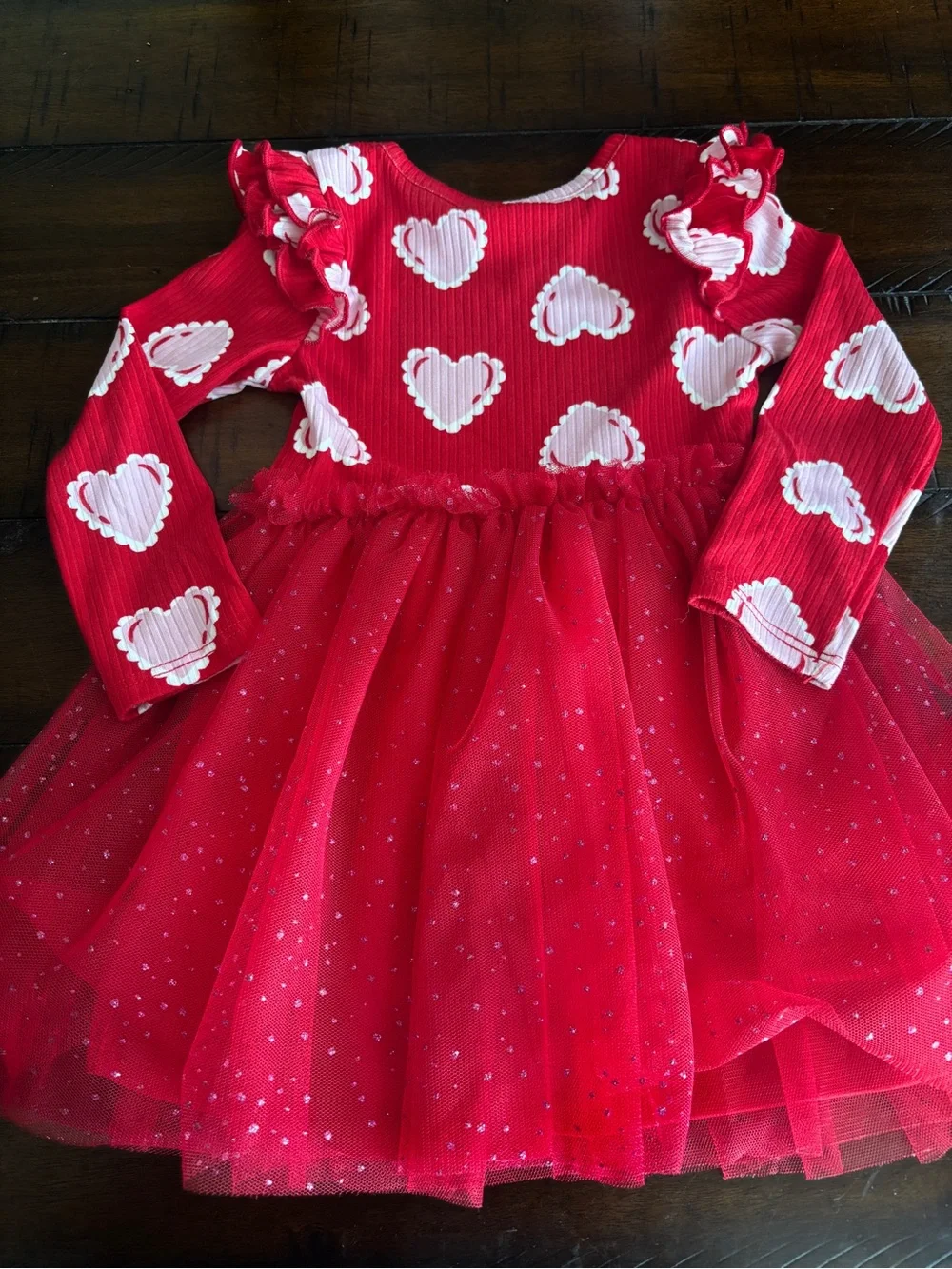 Girls' Red Heart Print Tulle Dress